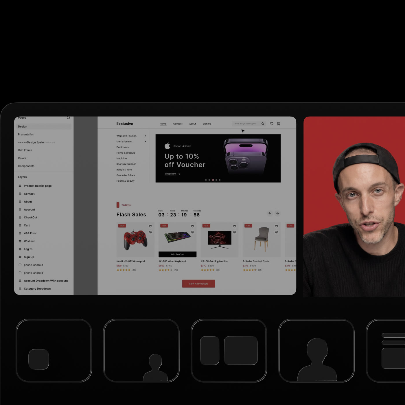 A screen recording beside the presenter's camera, with layout options below